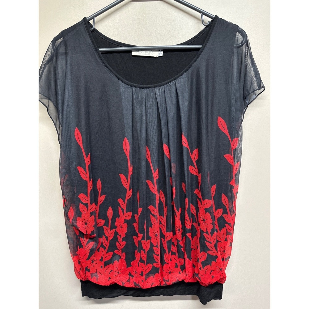 BaiShengGT Black Red Floral Sheer Overlay Blouse Top Women's Size Large
